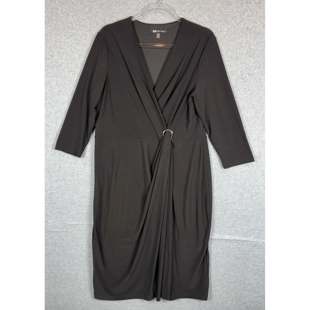 Anne Klein Dress Womens XL Black Faux Wrap Midi Gold Ring Detail Stretch